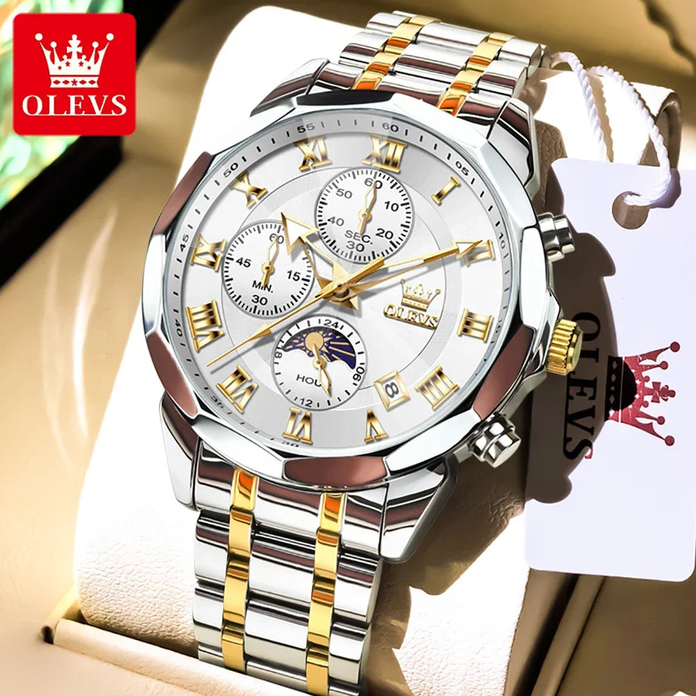 OLEVS 3675 Men's Multifunctional Chronograph Quartz Watch Waterproof Moon Phase Display Fashionable Gift for Men