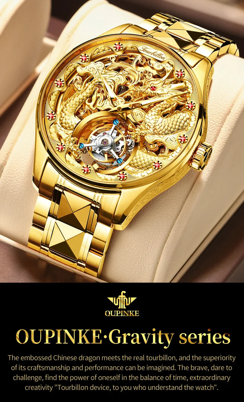 OUPINKE Gold Dragon Automatic Watch for Men Tourbillon Skeleton Mens Watches Original High Quality Luxury Mechanical Wristwatch