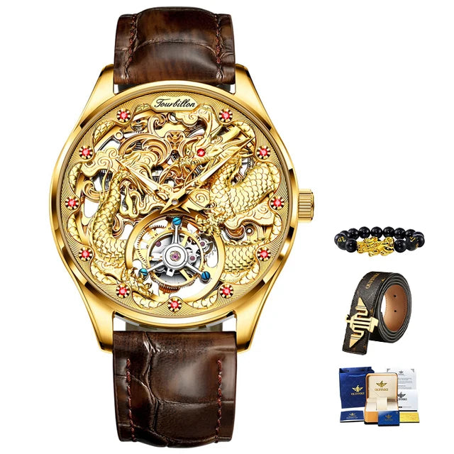 OUPINKE 3176 Real Tourbillon Watch for Men Gold Dragon Watch Skeleton Automatic Mechanical Wristwatch High-end Luxury Man Watch