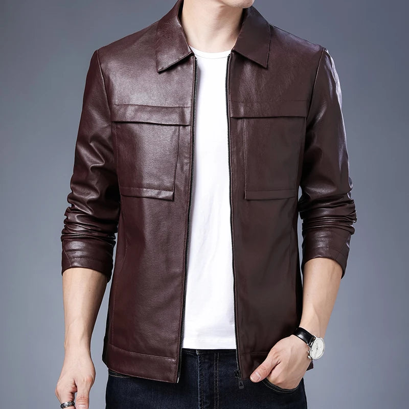 Leather Men's Coat 2024 Spring Fall New Trend Plankton Handsome Motorcycle Overcome Casual Leather Jacket Men Handsome Coat