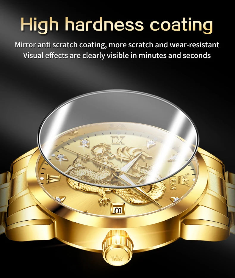 OLEVS 3619 Mens Watch Top Brand Fashion Original Quartz Watch for Man China Loong Dragon Dial Waterproof Luminous Date Reloj