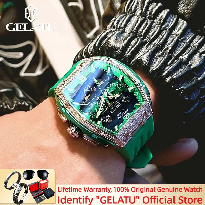 GELATU 6016 High-end Full Diamond Automatic Mechanical Watch for Men Multifunction Hollow Silicone Strap Men's Wristwatches