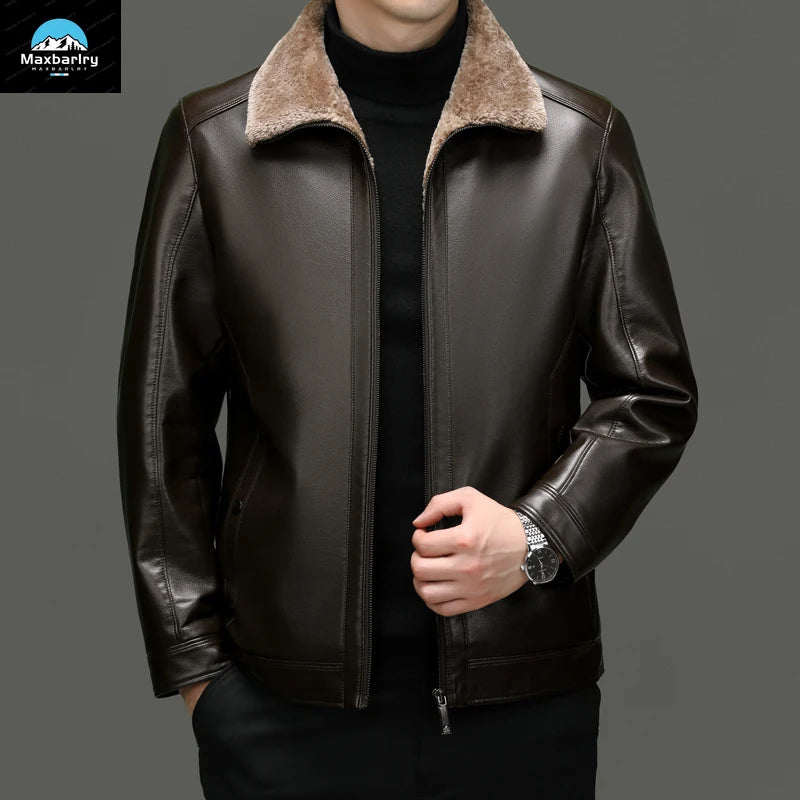 Leather Jacket Men's Winter Luxury Clothing Fur One-piece Thickened Biker Leather Jacket Men's Business Casual Warm Leather Coat