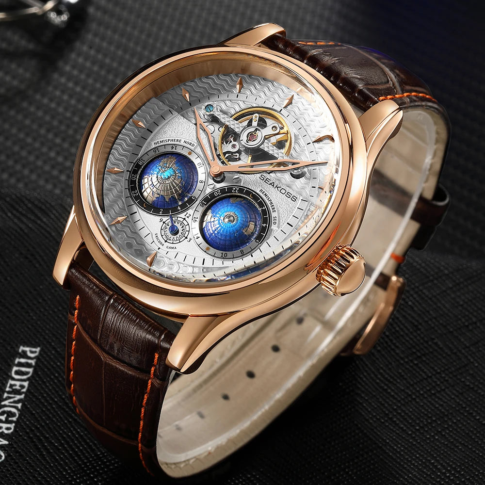 SEAKOSS Luxury Double Earth Rotating Men's Mechanical Watch Automatic Movement Waterproof Clock Pilots Men 1963 Flywheel Watches