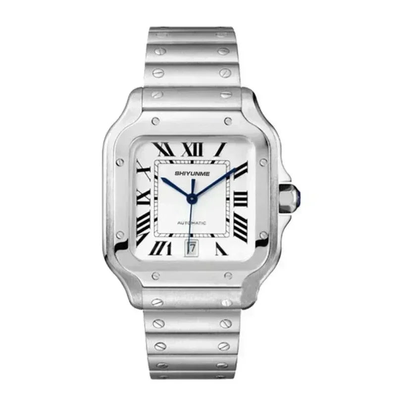 Stainless Steel Mechanical Sports Watch Square Roman Dial Black Leather High Quality Men's Automatic Watch