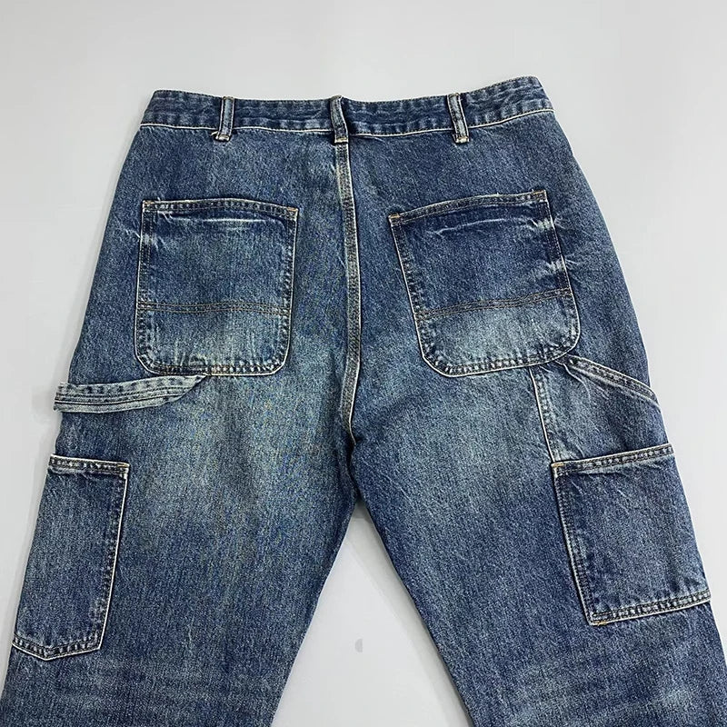 Autumn Men's Jeans With Multiple Pockets Workwear Pants Leg Pants Retro Straight Leg Pants Casual Pants