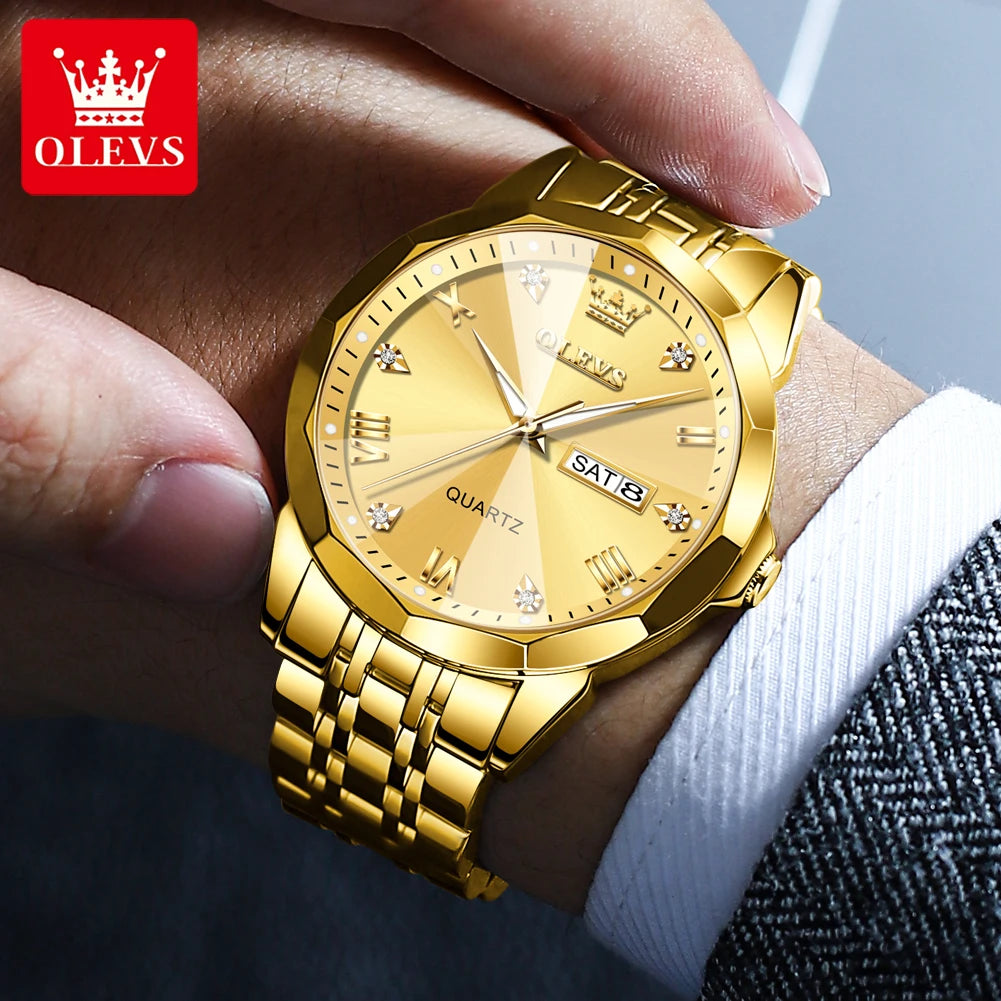 OLEVS New Watch for Men Original Quartz Waterproof Male Wristwatch Gold Stainless Steel Strap High-end Luxury Man Watch Clock