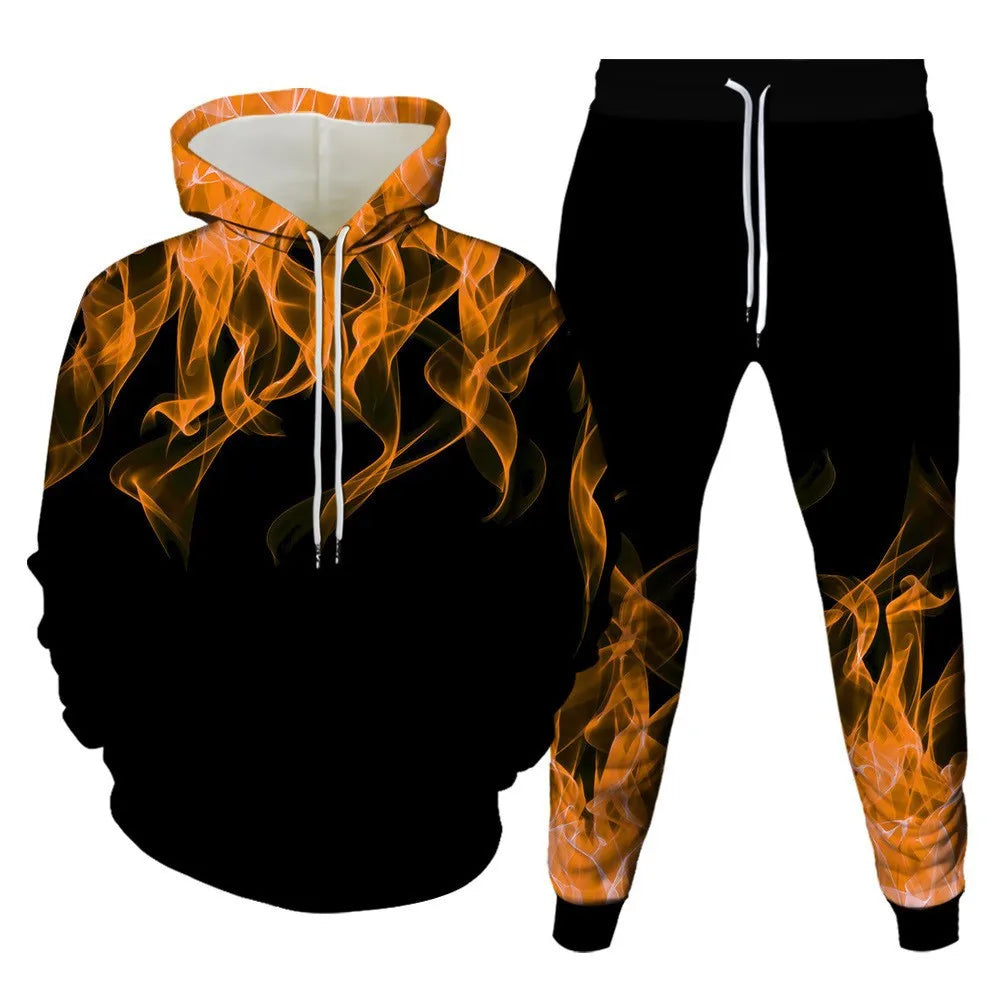 Hoodies Set 3D Print Colored flame Tracksuit Set Man Woman Hoodies+Pants 2pcs Sets Fashion Sportwear kids Pullover Coat Clothing