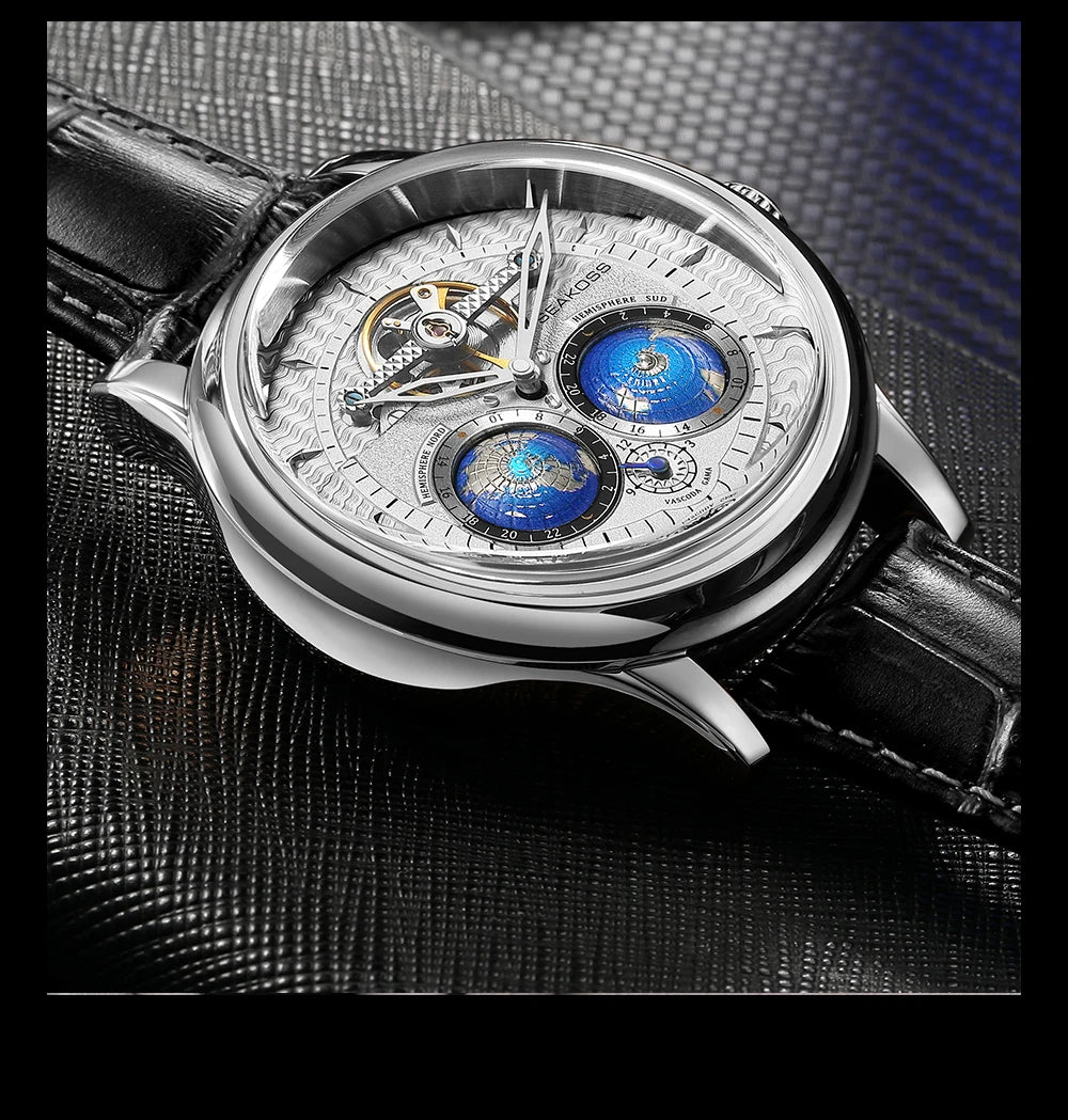 SEAKOSS Luxury Double Earth Rotating Men's Mechanical Watch Automatic Movement Waterproof Clock Pilots Men 1963 Flywheel Watches