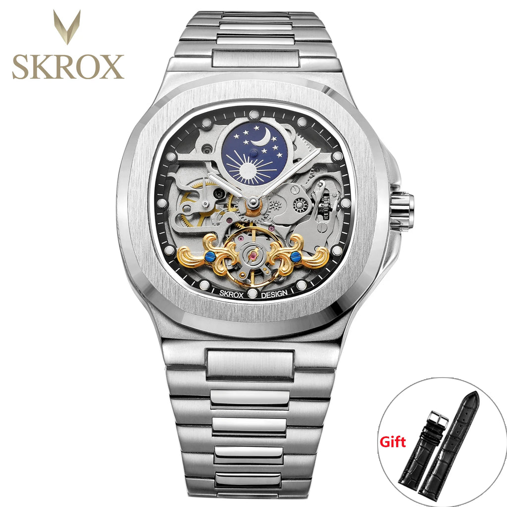 2025 High-end Luxury SKROX Square Man Watch Sapphire Stainless Steel Skeleton Moon Phase Classic Automatic Movement Male Watches