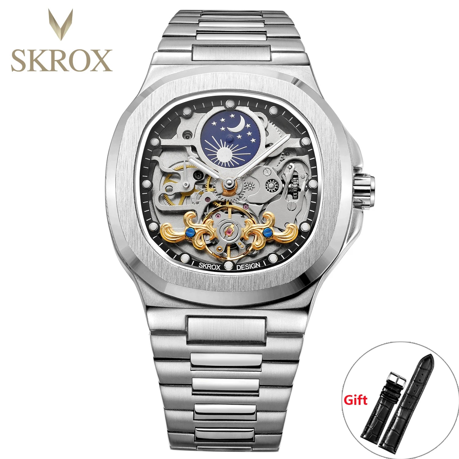 2025 High-end Luxury SKROX Square Man Watch Sapphire Stainless Steel Skeleton Moon Phase Classic Automatic Movement Male Watches