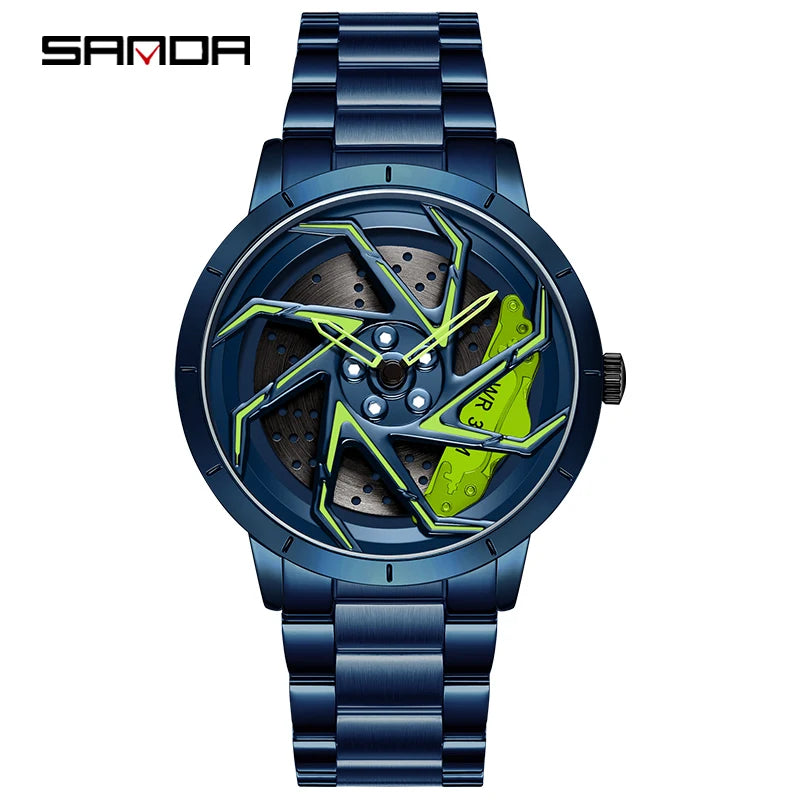 SANDA P1088 Hot Sell New Stainless Steel Band Watch Premium Quartz Movement Shaped 360 Rotating Car Wheel Dial Relogio Masculino