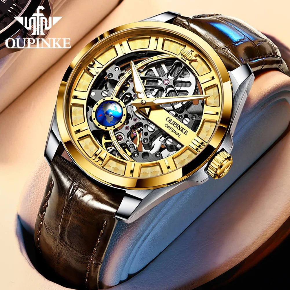 OUPINKE 3268 Man Automatic Watch Top Brand Hollow Deep Waterproof Mechanical Watch For Men Luxury Original Leather Wristwatch