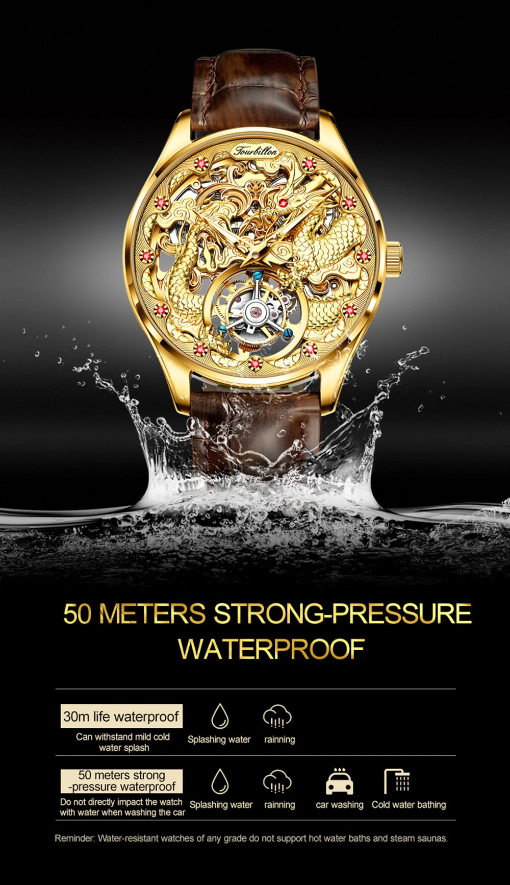 OUPINKE Tourbillon Mens Watch Luxury Automatic Mechanical Watches Skeleton Hollow Dragon Wristwatch Men