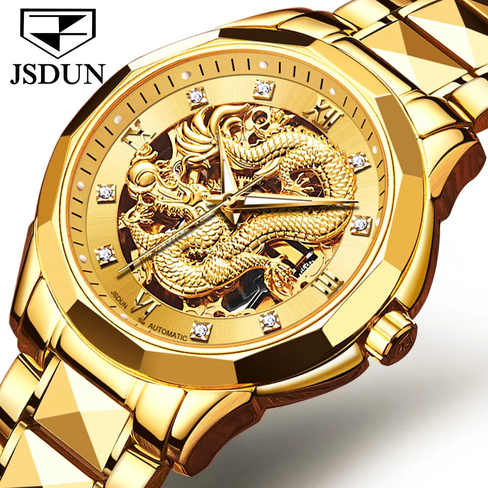 JSDUN Gold 3D Dragon Dial Watch For Men Luxury Brand Automatic Mechanical Watch Stainless Steel Strap Hollow-carved Reloj Hombre