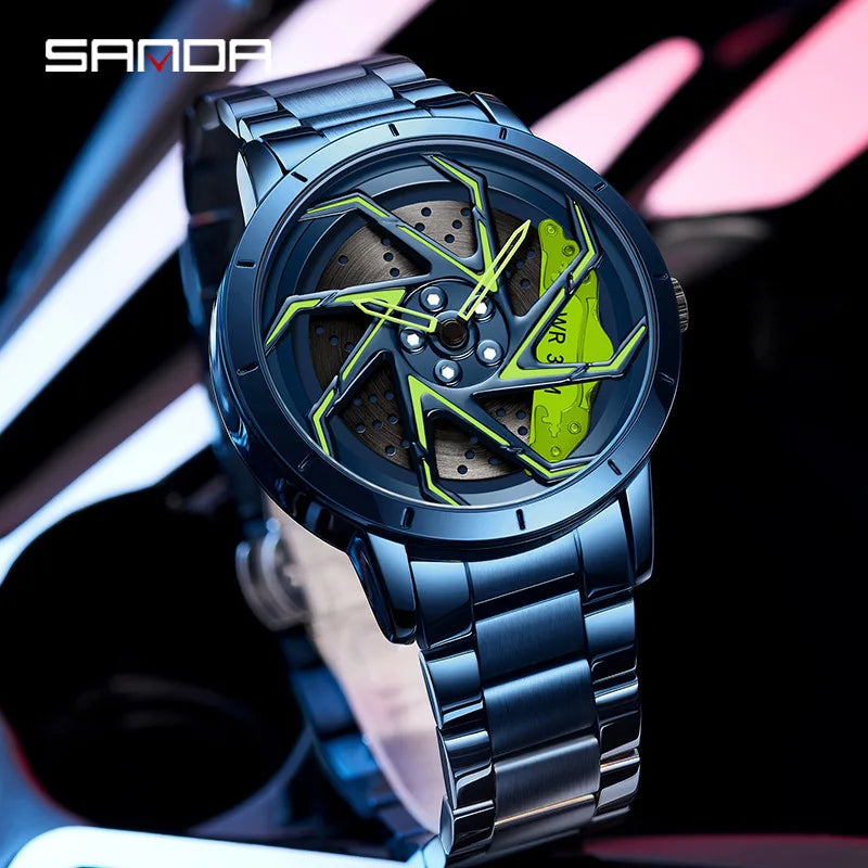 SANDA P1088 Hot Sell New Stainless Steel Band Watch Premium Quartz Movement Shaped 360 Rotating Car Wheel Dial Relogio Masculino