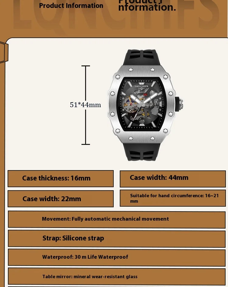 Men's luxury automatic Mechanical Watch  Sport Outdoor tourbillon waterproof luminous Fashion watch for men reloj hombre
