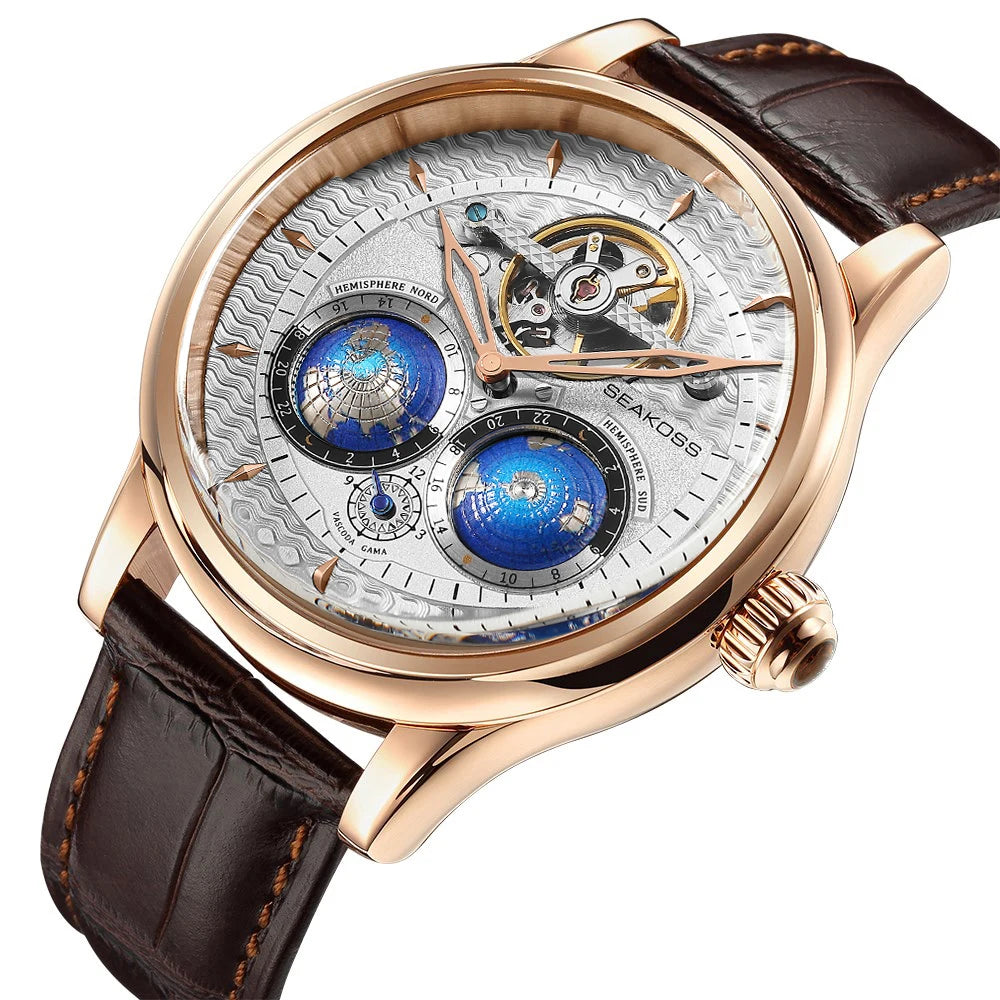 SEAKOSS Luxury Double Earth Rotating Men's Mechanical Watch Automatic Movement Waterproof Clock Pilots Men 1963 Flywheel Watches