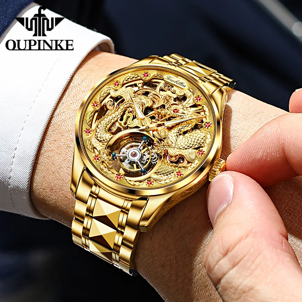 OUPINKE Real Tourbillon Watches Man Tungsten Steel Skeleton Flywheel Automatic Mechanical Men's Watches Luxury Dragon Watch 3176