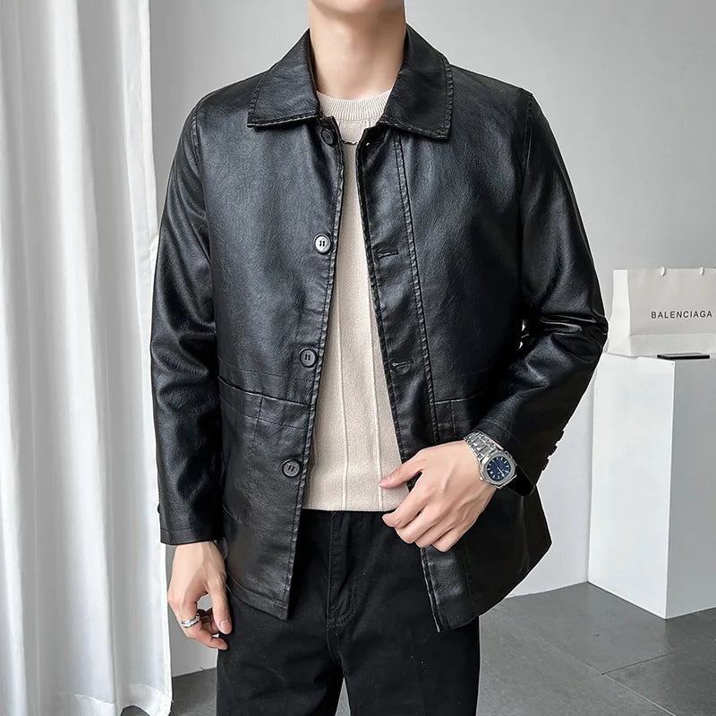 Mens Motorcycle Jacket PU Leather Coat Mid-Long Length with Notched Lapel Collar for Spring Autumn Casual Wear Windbreaker