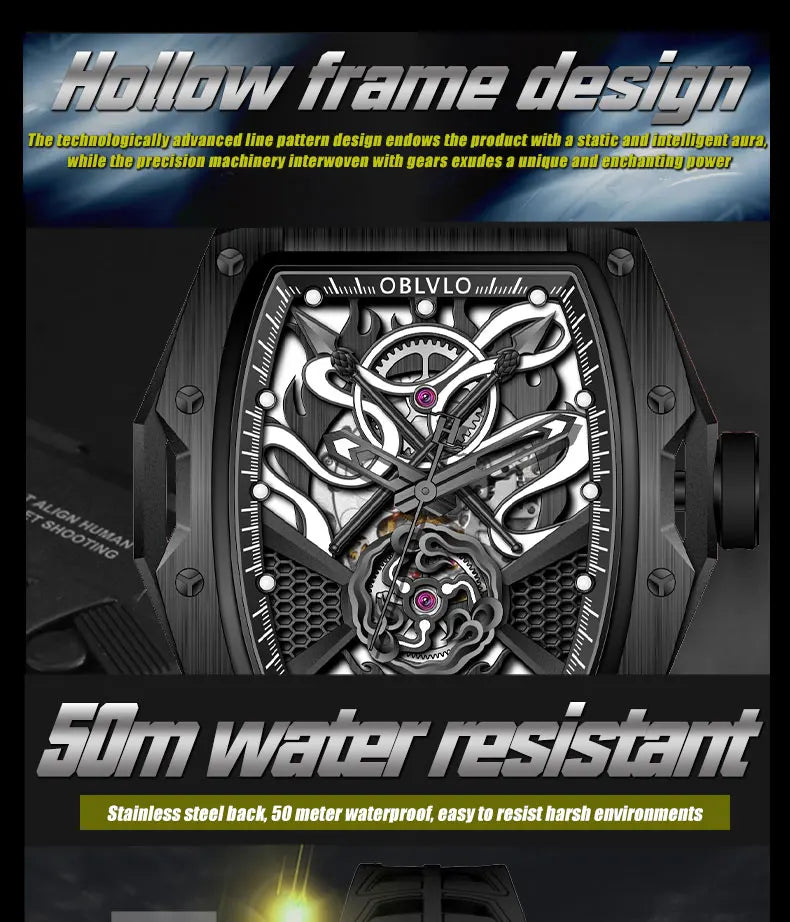 OBLVLO Top Luxury Men's Designer Skeleton Watc Fashion Tonneau Super Luminous Rubber Band Automatic Watches Relojes ZM