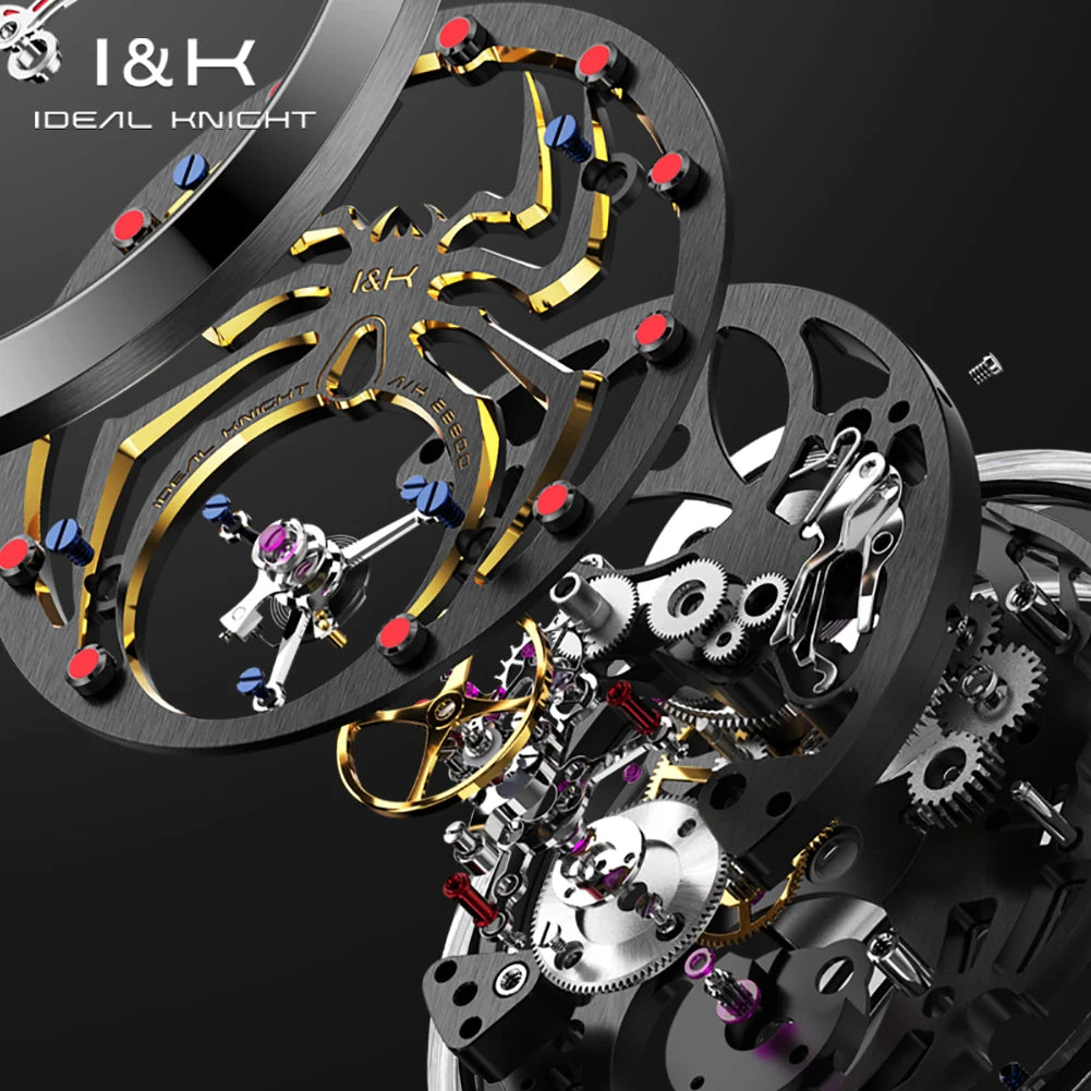 IDEAL KNIGHT 6802 Automatic Watch For Men Hollow Skeleton Mechanical Wristwatch Waterproof Tourbillon Man Watch Sapphire Mirror