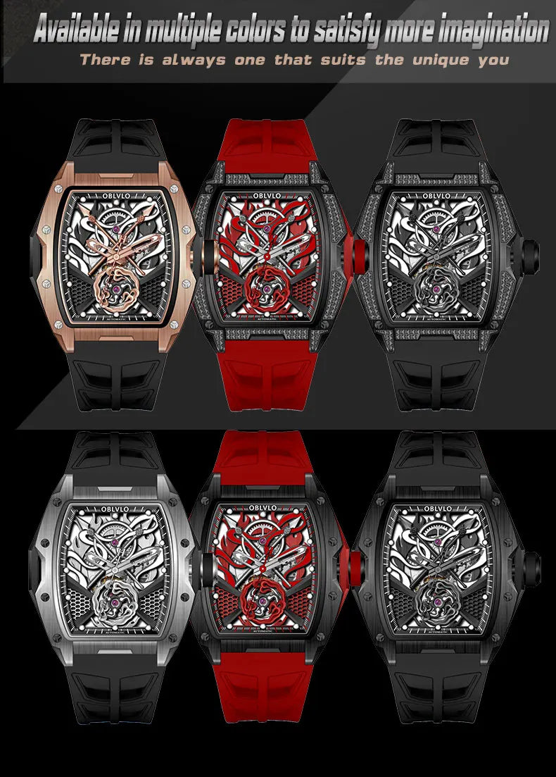 OBLVLO Top Luxury Men's Designer Skeleton Watc Fashion Tonneau Super Luminous Rubber Band Automatic Watches Relojes ZM