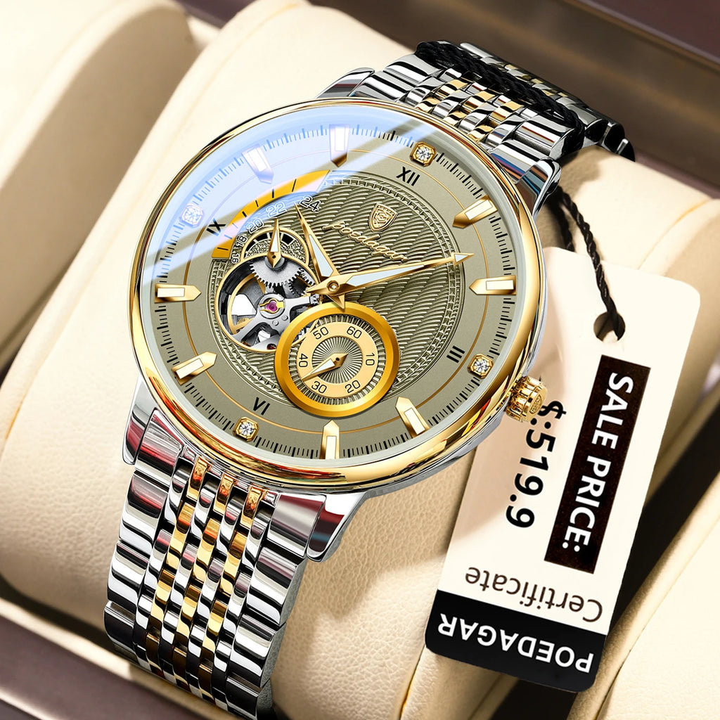 POEDAGAR Luxury Man Wristwatch Top Automatic Mechanical Luminous Men Watch Hollow Tourbillon Stainless Steel Men's Watches Reloj