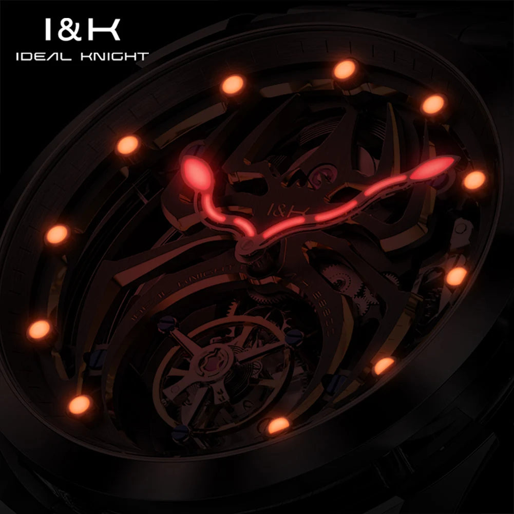 IDEAL KNIGHT 6802 Automatic Watch For Men Hollow Skeleton Mechanical Wristwatch Waterproof Tourbillon Man Watch Sapphire Mirror