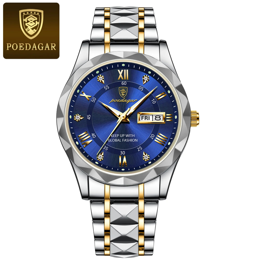POEDAGAR Luxury Business Men's Watches Waterproof Stainless Steel Luminous Man Wristwatch Date Week Quartz Sport Men Watch Reloj