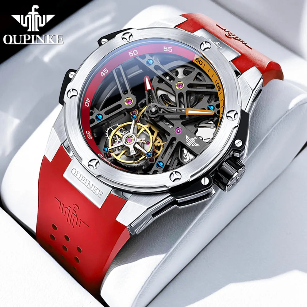 OUPINKE 8003 Tourbillon Watch Top Luxury Brand Men Fully Automatic Mechanical Watch Waterproof Silicone Strap Original Men Gifts