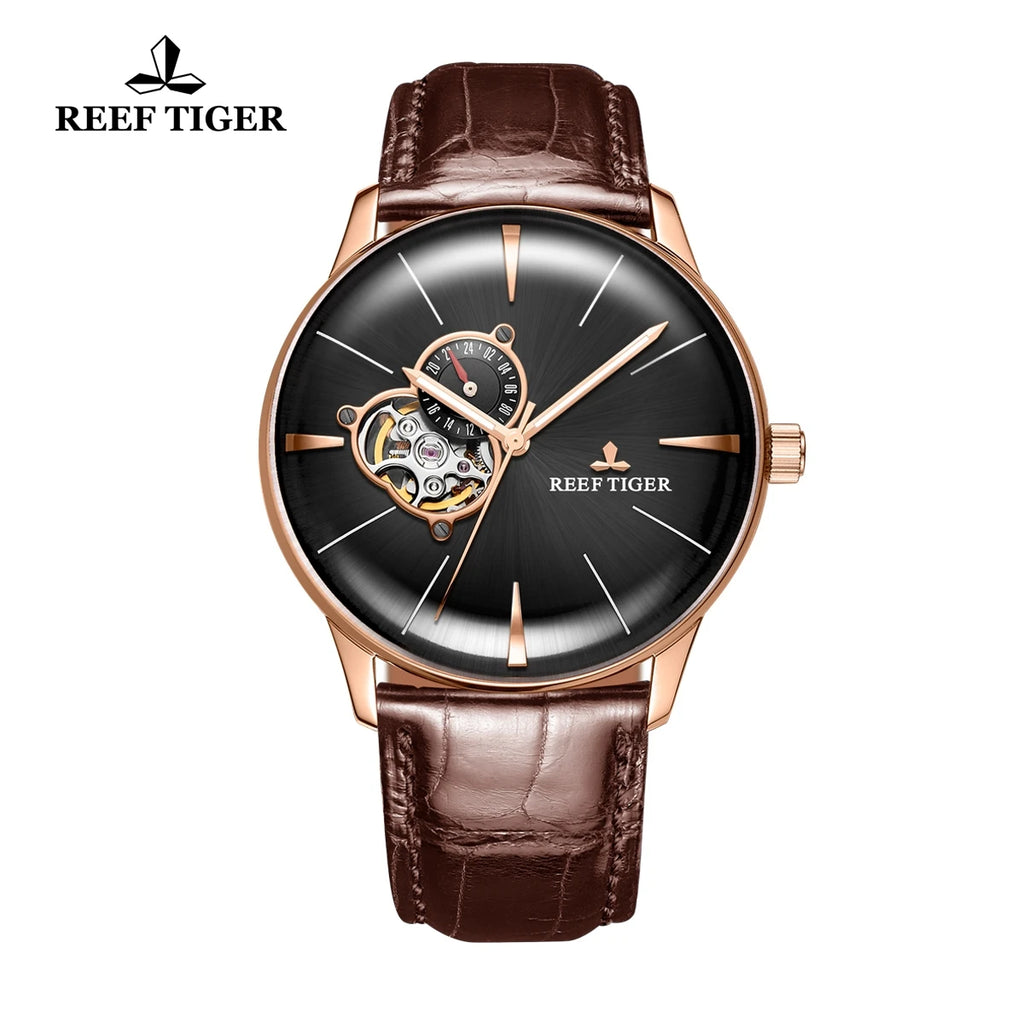 New Reef Tiger/RT Luxury Rose Gold Watch Men's Automatic Mechanical Watches Tourbillon Watches with Brown Leather Strap RGA8239