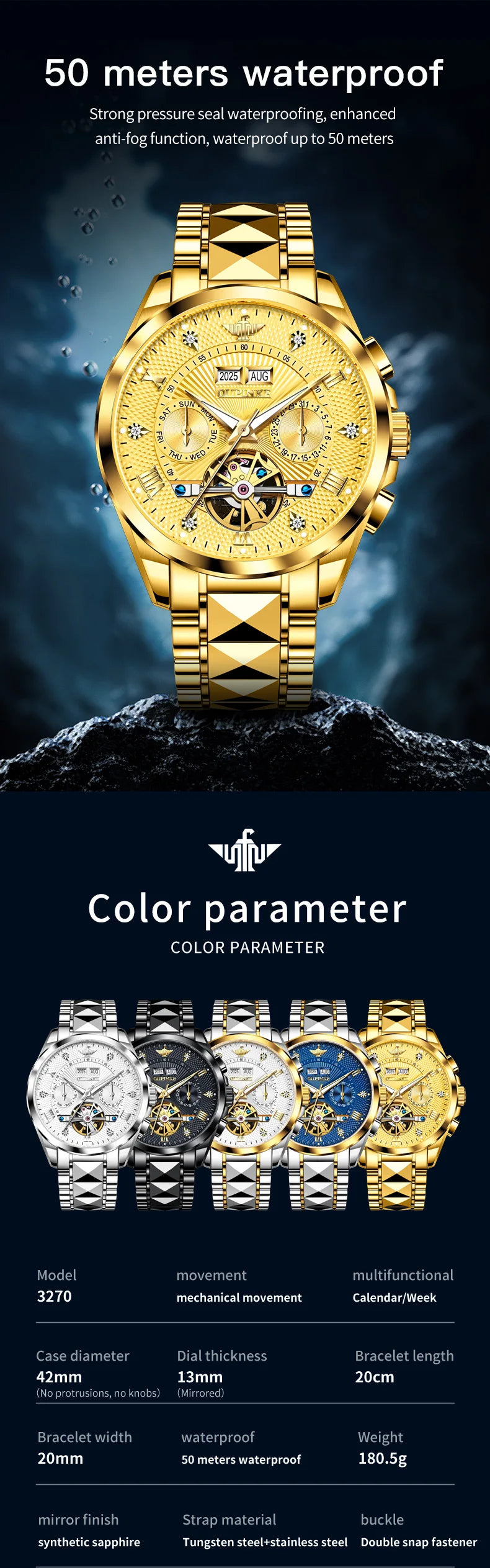 OUPINKE 3270 Mens Watch Automatic Mechanical Watch﻿ Waterproof Luminous Watches For Man Tungsten Steel Imported Movement Reloj