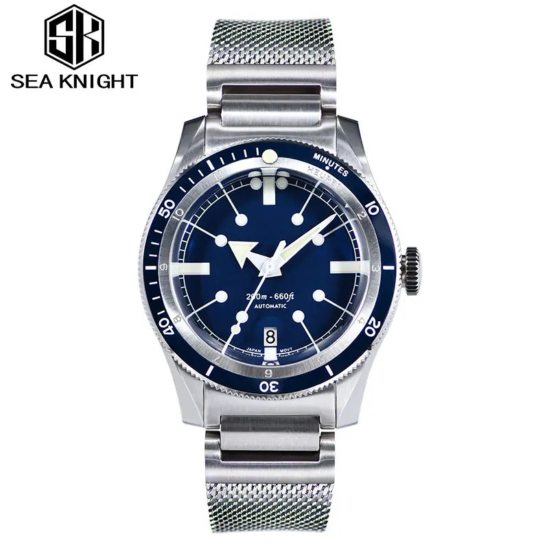 SEA KNIGHT Men 200M Waterproof Diving Watch Sapphire Crystal 316L Steel Mesh Belt C3 Luminous NH35A Automatic Mechanical Watch