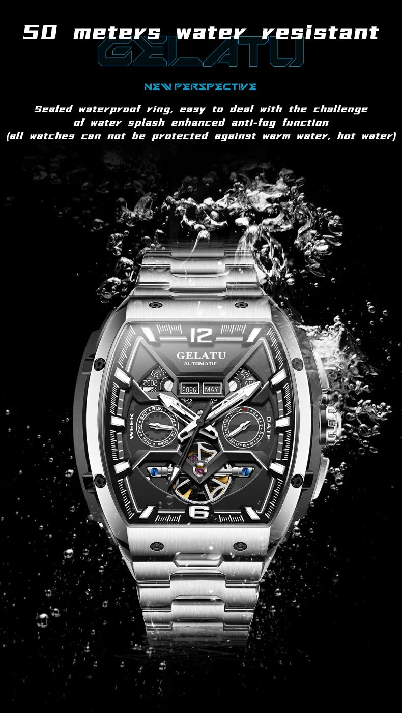 GELATU 6013 Luxury Men Hollow Automatic Mechanical Watch Waterproof Multi functional Original Men Watch Formal Watch Reloj