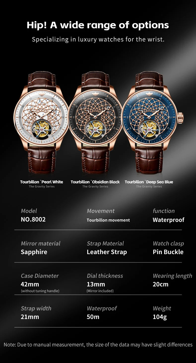 OUPINKE 8002 Watch Man Hollow Deep Waterproof Tourbillon Mechanical Watch For Men Synthetic Sapphire Mirror Fashion Hand Clock
