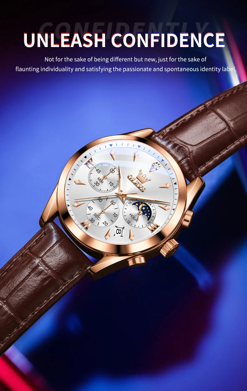 OLEVS 3609 Original Moon Phase Chronograph Man Watch Leather Strap Waterproof Luminous Luxury Brand Quartz Wrist Watches for Men