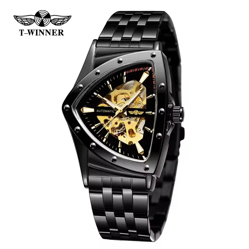 Winner 395S Premium Men's Luxury Automatic Mechanical Watch Stainless Steel Hollow Triangle Skeleton Dial Casual Men's Clock