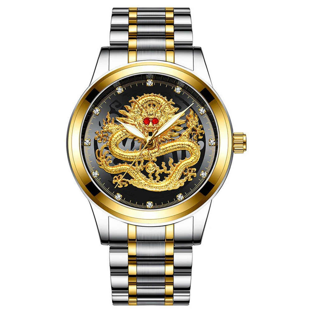 POSHI Stainless Steel Fashion Quartz Watch Gold Dragon Men's Watches Luxury Original Design Waterproof Quartz Movement Clock