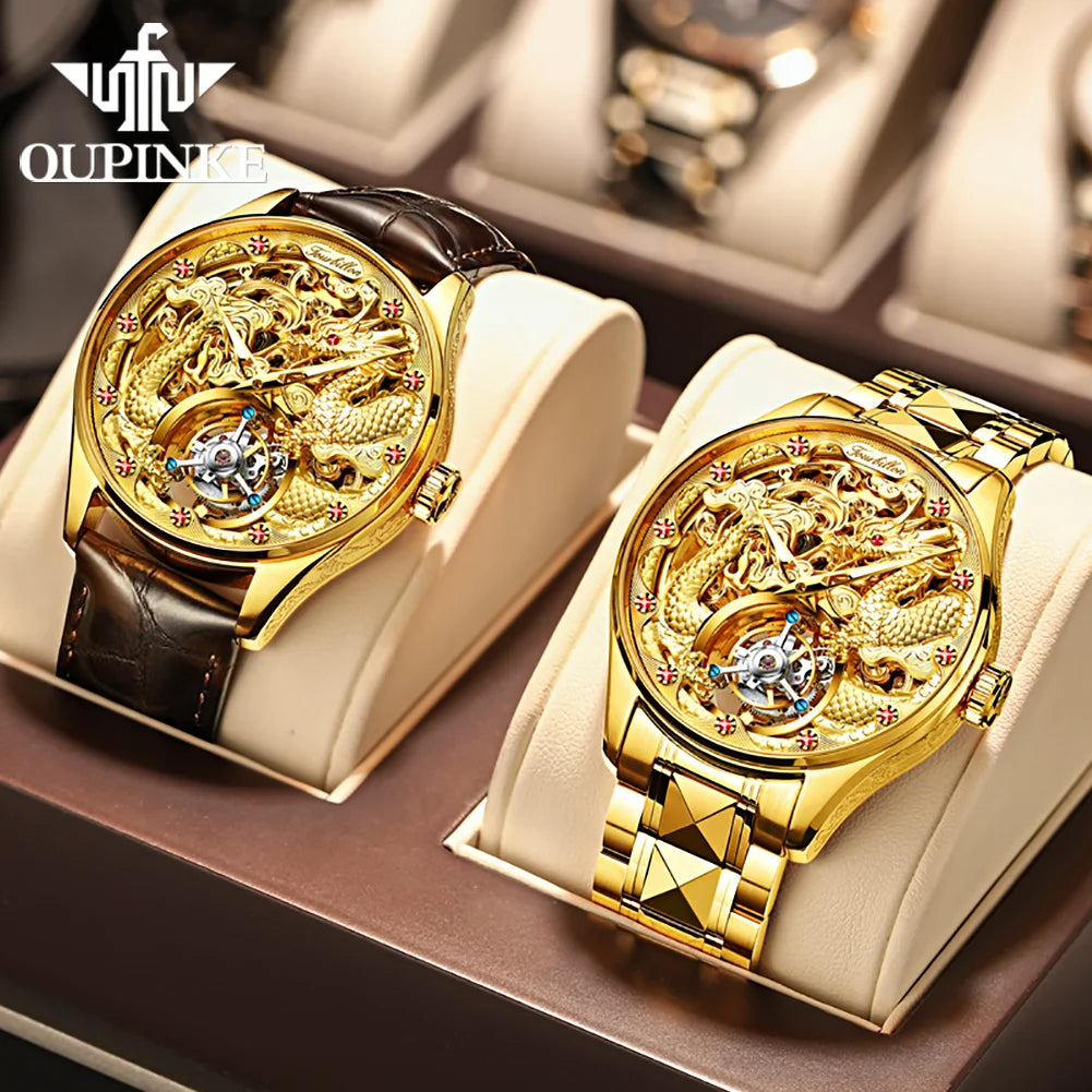 OUPINKE Brand 3176 Luxury Gold Dragon Mechanical Watch for Men Real Tourbillon Movement Wristwatch Waterproof Skeleton Watches