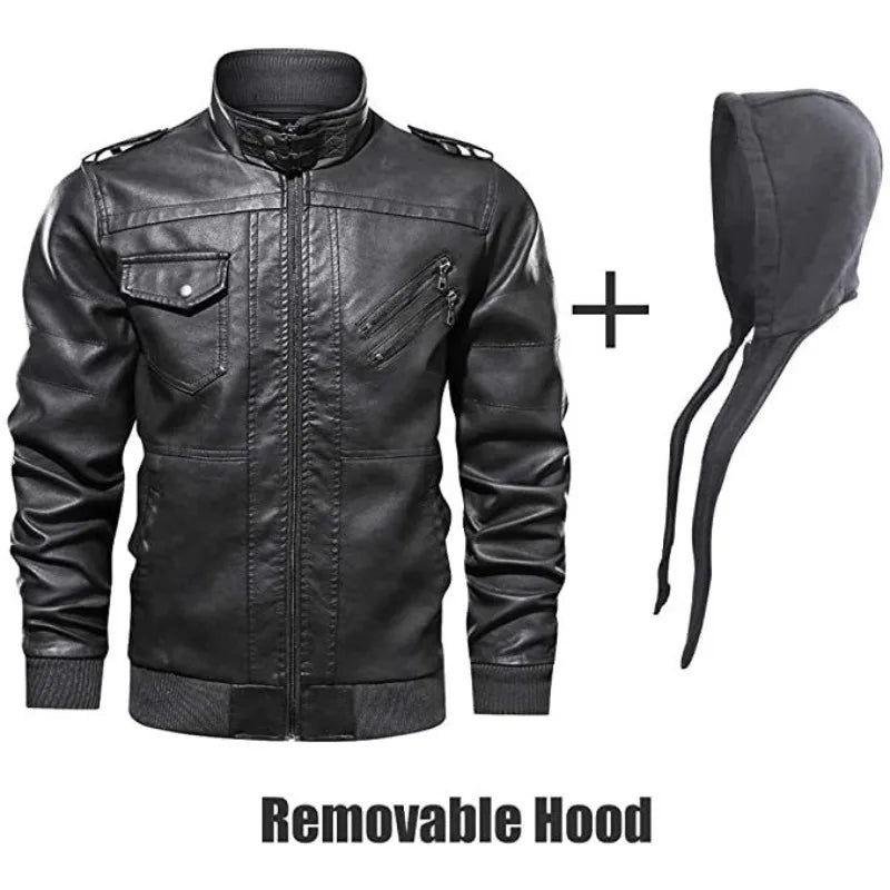hood Leather Jacket Streetwear Biker Coat Slim Fit Autumn Winter Coat Men Fur Lined Men Motorcycle Jacket Fashion Men Jacket