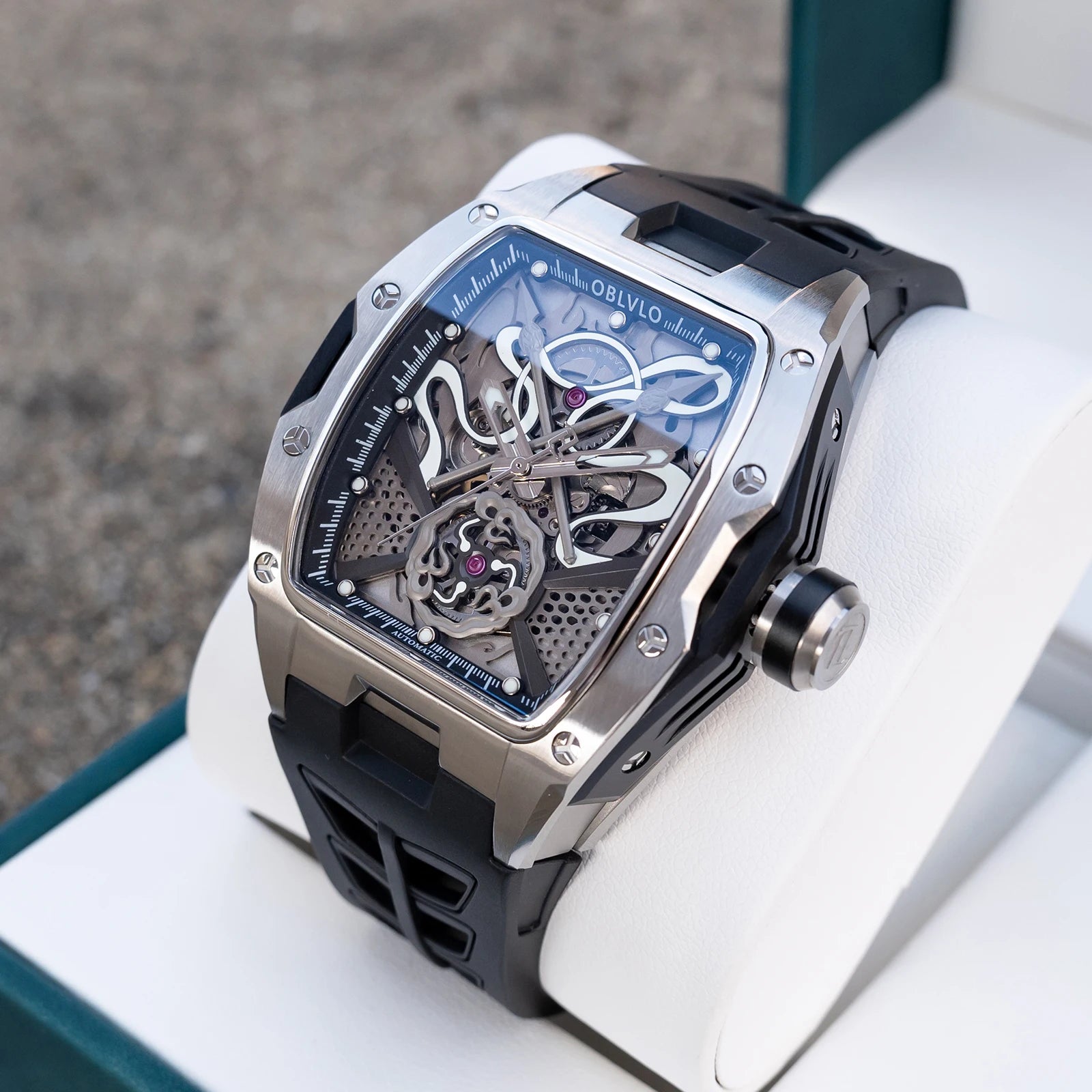 OBLVLO Top Luxury Men's Designer Skeleton Watc Fashion Tonneau Super Luminous Rubber Band Automatic Watches Relojes ZM