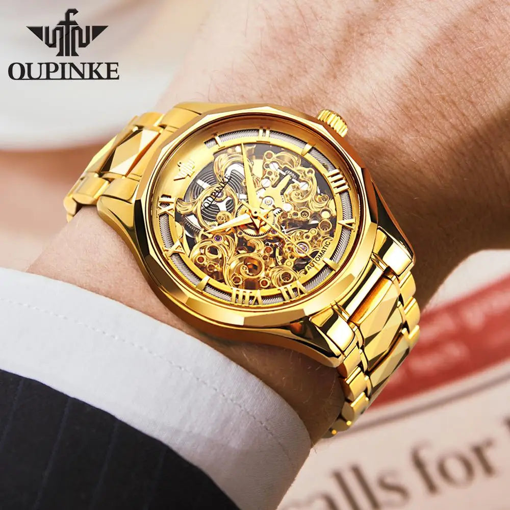 OUPINKE Watches Men Skeleton Automatic Mechanical Wristwatch Luxury Top Brand Sapphire Mirror Tungsten Steel Hollow Montre Homme