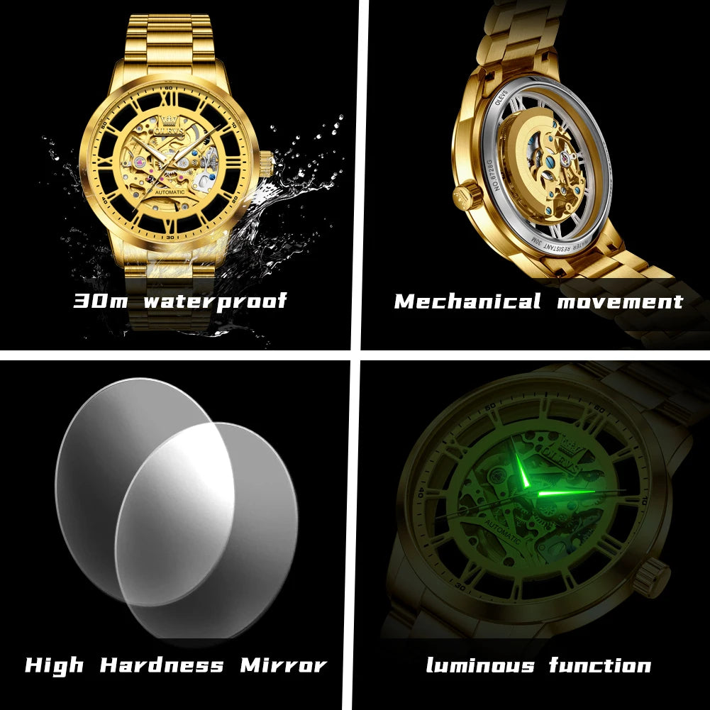 OLEVS Men Gold watch Skeleton Luxury Watch automatic mechanical Classic Wristwatches For Men Waterproof High Quality 6728