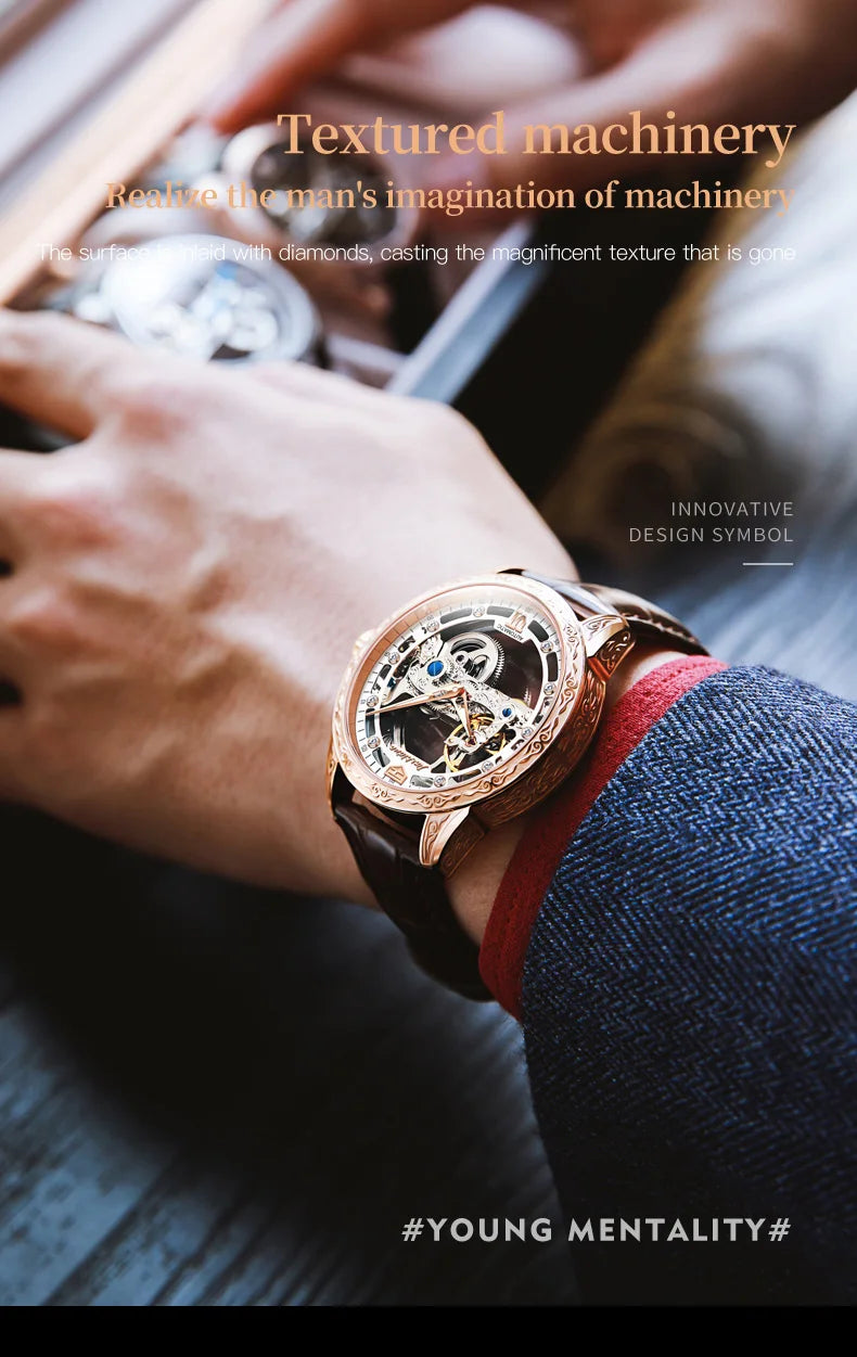 JSDUN 8917 Mens Watch Leather Strap Original Business Multifunctional Mechanical Watch﻿ Waterproof Watches For Man Gifts