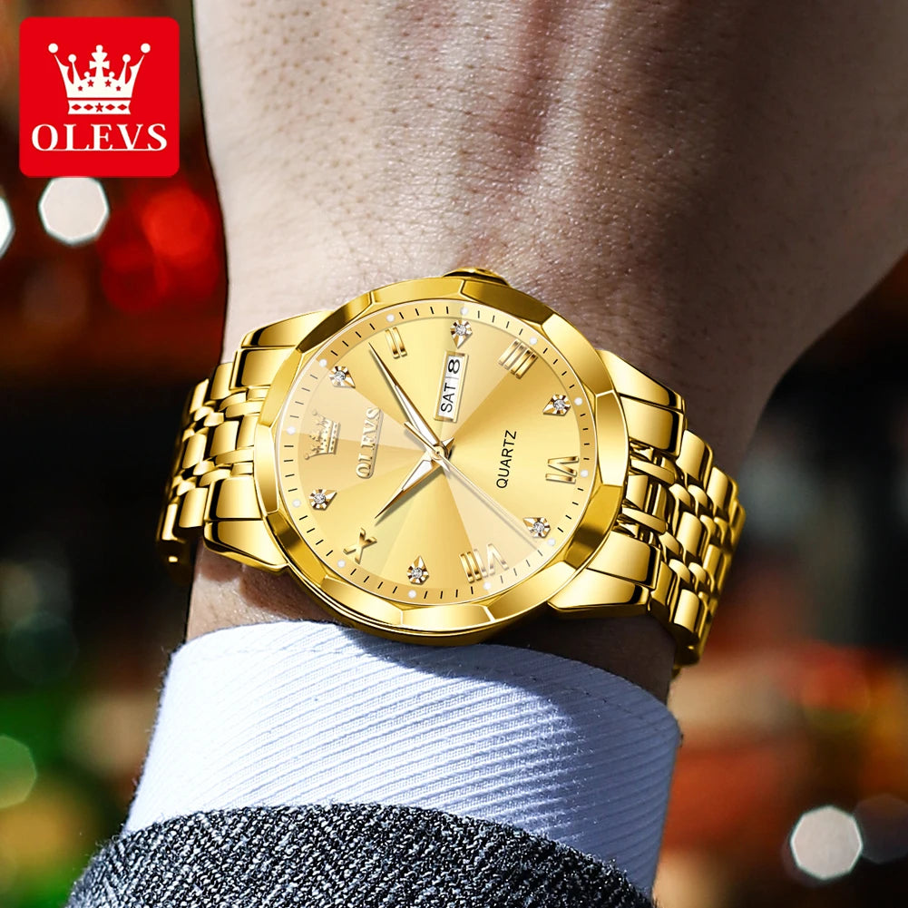 OLEVS New Watch for Men Original Quartz Waterproof Male Wristwatch Gold Stainless Steel Strap High-end Luxury Man Watch Clock