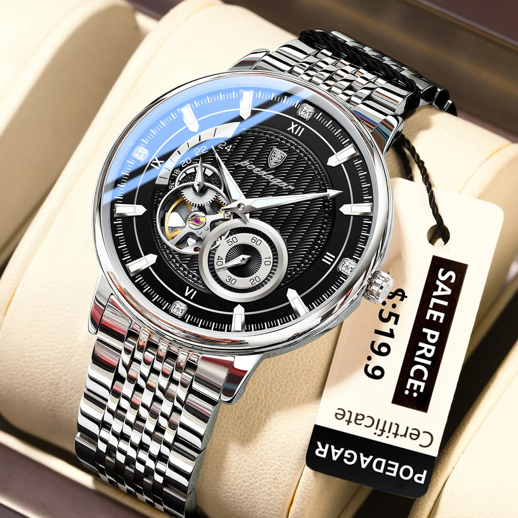 POEDAGAR Luxury Man Wristwatch Top Automatic Mechanical Luminous Men Watch Hollow Tourbillon Stainless Steel Men's Watches Reloj