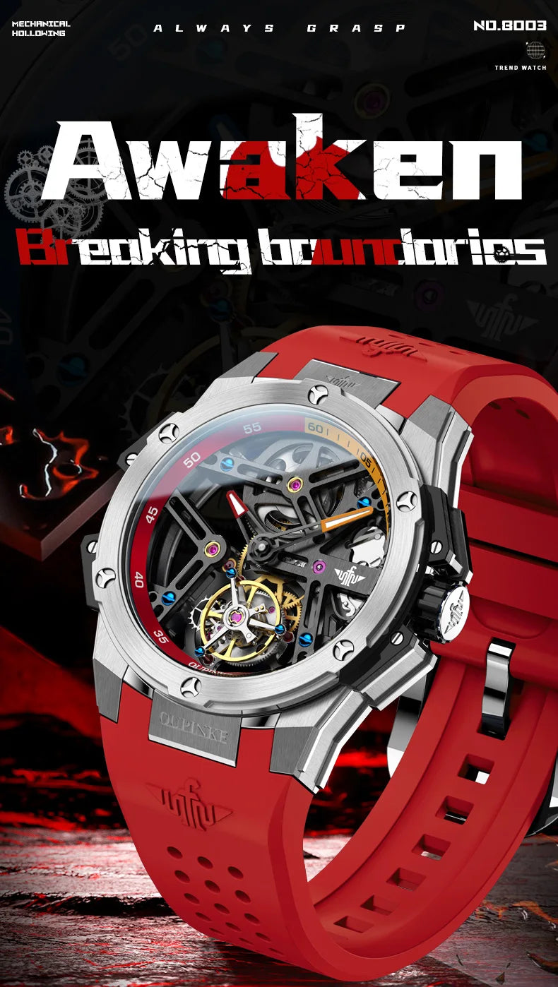 OUPINKE 8003 Men's Watch 45mm Big Dial Fashion Hollow Automatic Watch For Men Waterproof Luxury Tourbillon Mechanical Hand Clock