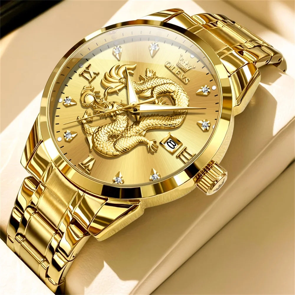 OLEVS 3619 Mens Watch Top Brand Fashion Original Quartz Watch for Man China Loong Dragon Dial Waterproof Luminous Date Reloj