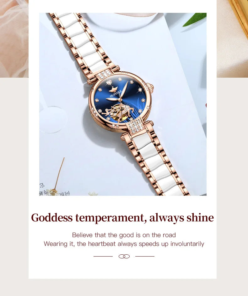 OUPINKE 3211 Women's Watch Elegant Rose Gold Diamond Ceramic Automatic Machinery Women's Watch Luxury Brand Women's Bracelet Set
